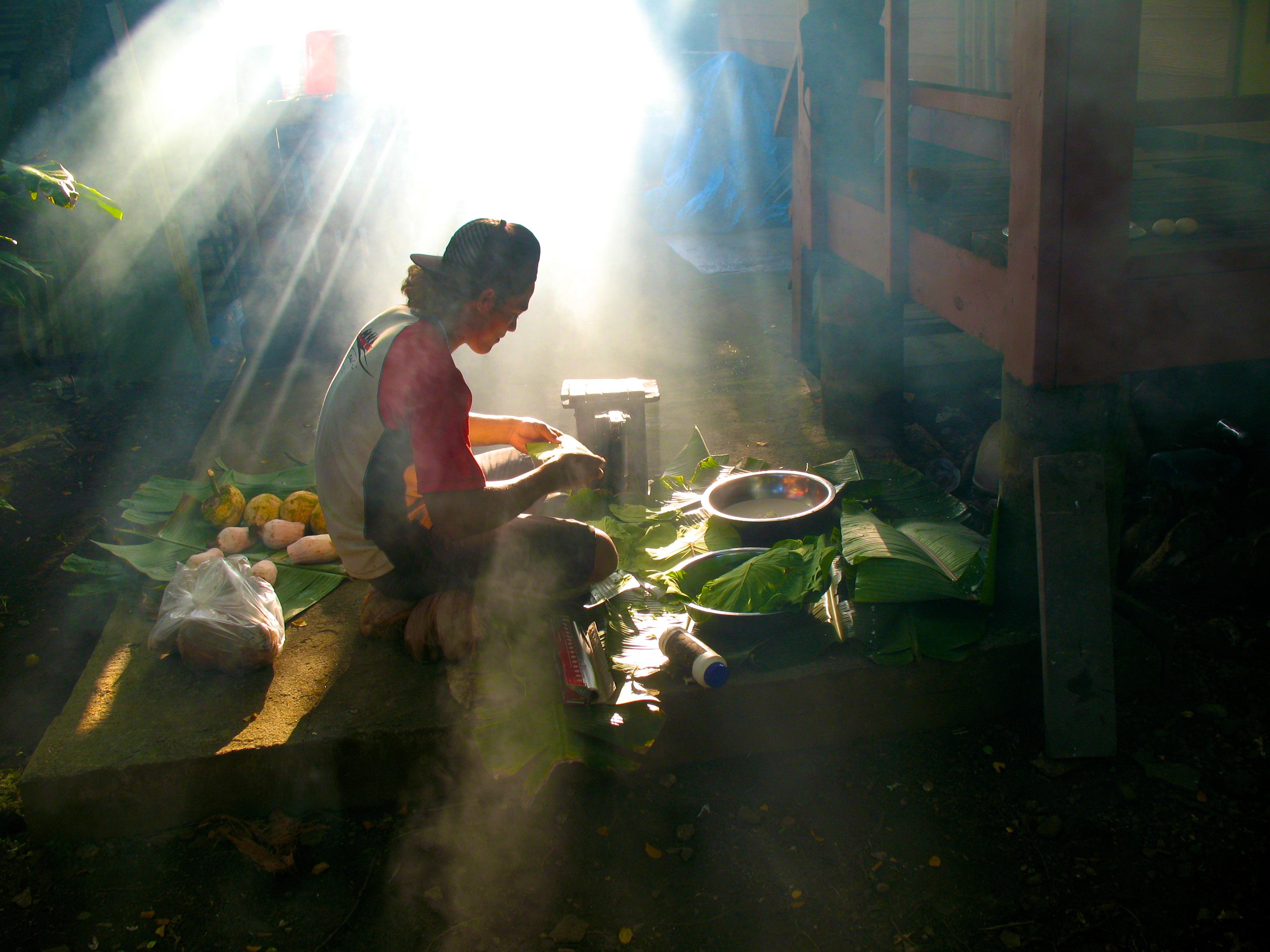 Man kneeling in the process of harvesting a polynesian organic product