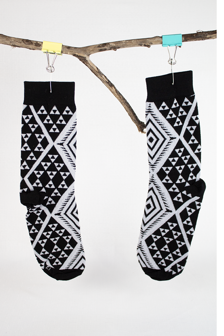 Black and white maori patterned socks